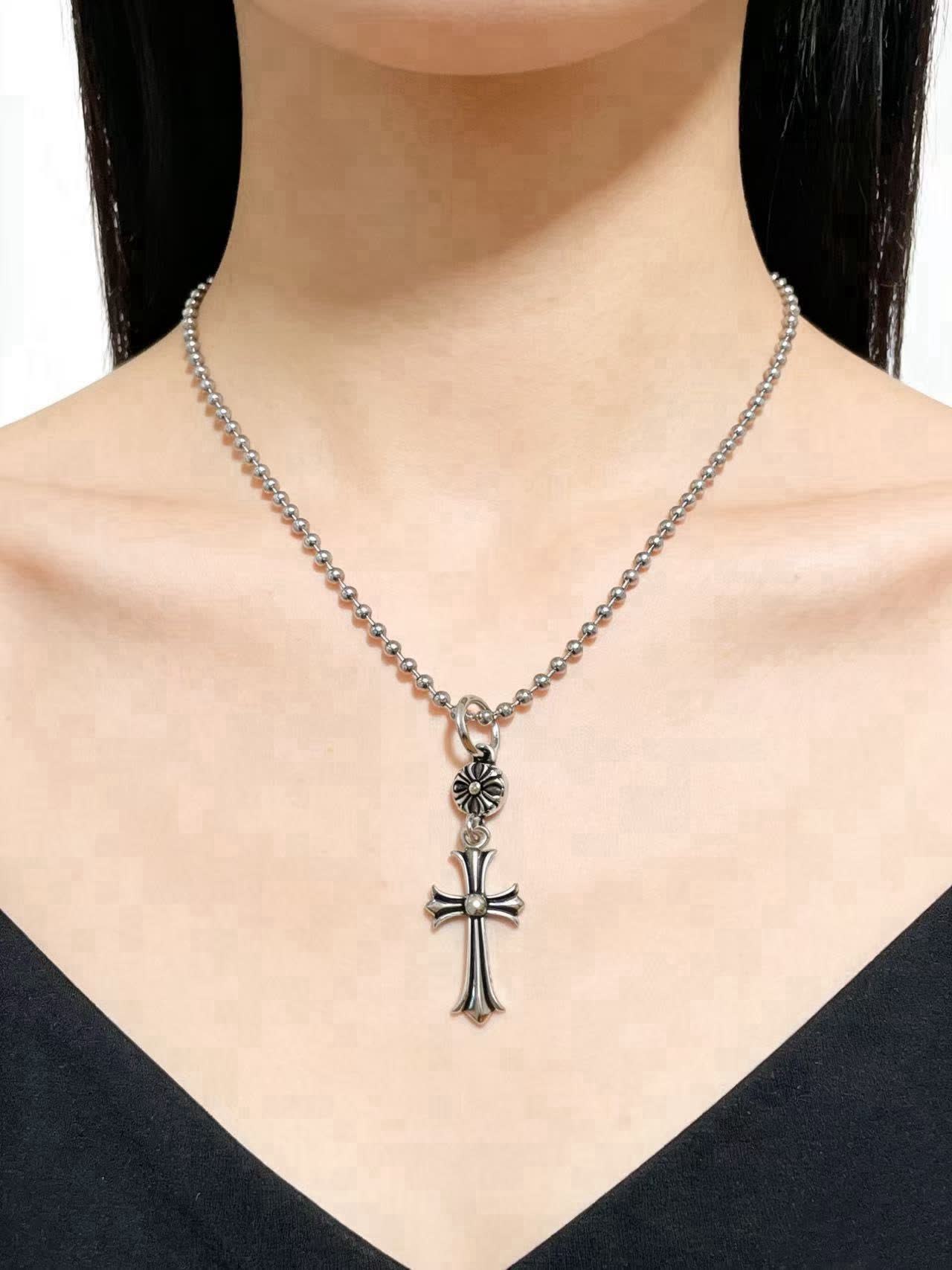 Chrome Hearts Silver Beaded Cross Necklace